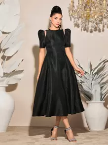 Modelyn Vestido línea A unicolor de manga farol - Negro - Ver 1