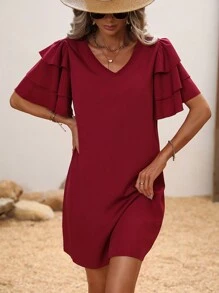 SHEIN Clasi 素色蝴蝶袖連衣裙 - 酒紅色 - 查看 1