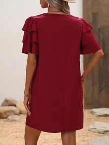 SHEIN Clasi 素色蝴蝶袖連衣裙 - 酒紅色 - 查看 2