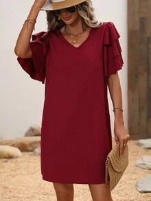SHEIN Clasi 素色蝴蝶袖連衣裙 - 酒紅色 - 查看 4