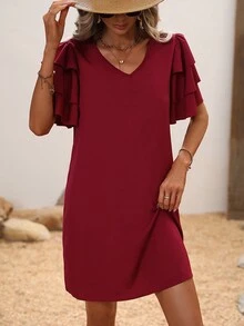 SHEIN Clasi 素色蝴蝶袖連衣裙 - 酒紅色 - 查看 6