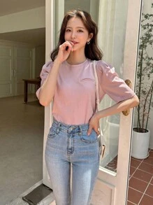 DAZY 素色泡泡袖T恤 - 粉色 - 查看 3