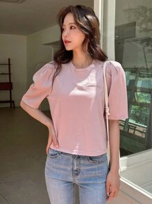 DAZY 素色泡泡袖T恤 - 粉色 - 查看 7