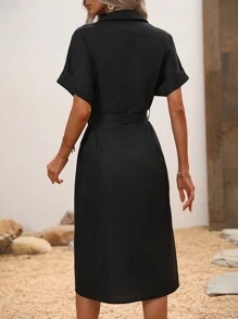 SHEIN Clasi Đầm Thắt lưng Nút Nút phía trước màu trơn Giải trí - màu đen - Xem 2