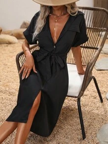 SHEIN Clasi Đầm Thắt lưng Nút Nút phía trước màu trơn Giải trí - màu đen - Xem 5