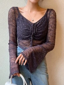 DAZY Drawstring Front Flounce Sleeve Lace Top - Black - View 7