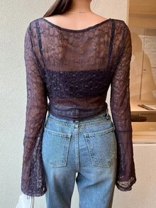 DAZY Drawstring Front Flounce Sleeve Lace Top - Black - View 2