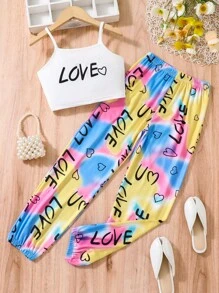 SHEIN 女孩字母圖案吊帶上衣和紮染長褲 - 彩色 - 查看 1