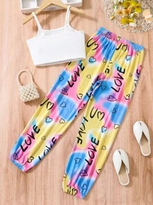 SHEIN 女孩字母圖案吊帶上衣和紮染長褲 - 彩色 - 查看 2