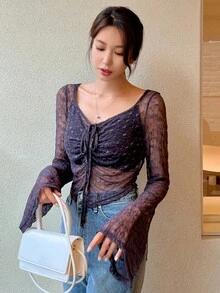 DAZY Drawstring Front Flounce Sleeve Lace Top - Black - View 3