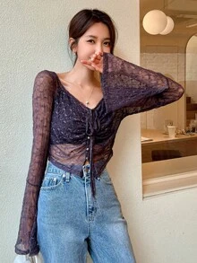 DAZY Drawstring Front Flounce Sleeve Lace Top - Black - View 4