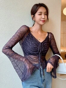 DAZY Drawstring Front Flounce Sleeve Lace Top - Black - View 5