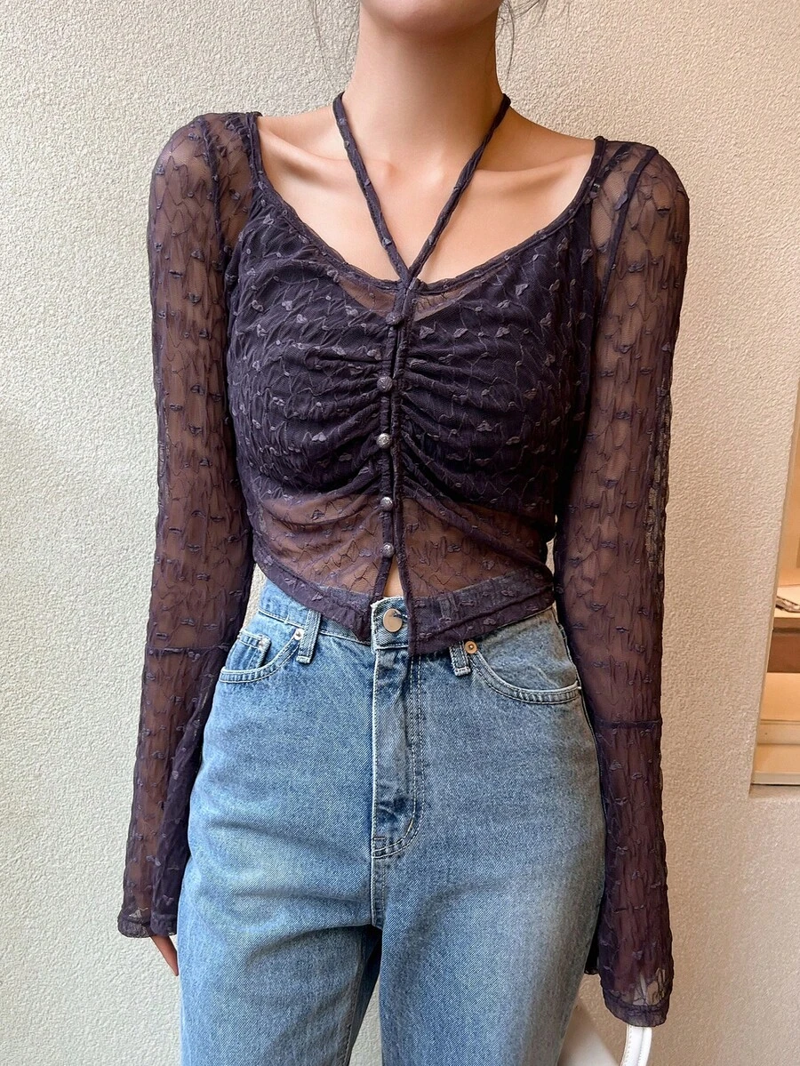 DAZY Drawstring Front Flounce Sleeve Lace Top - Black - View 1