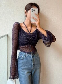 DAZY Drawstring Front Flounce Sleeve Lace Top - Black - View 8