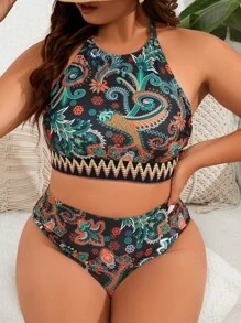 SHEIN Swim Curve 大尺碼細花印高腰比基尼套裝，適用於夏季沙灘