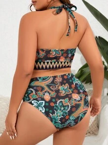SHEIN Swim Curve 大尺碼細花印高腰比基尼套裝，適用於夏季沙灘