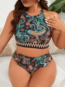 SHEIN Swim Curve 大尺碼細花印高腰比基尼套裝，適用於夏季沙灘