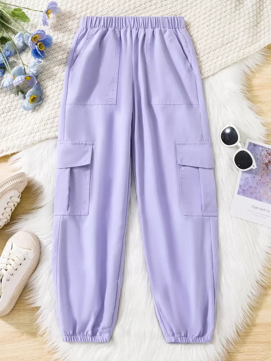 Sparklyn Tween Girl Casual Street Style Simple Fit Purple Cargo Jogger Pants With Pockets