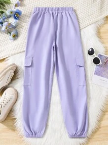 Sparklyn Tween Girl Casual Street Style Simple Fit Purple Cargo Jogger Pants With Pockets