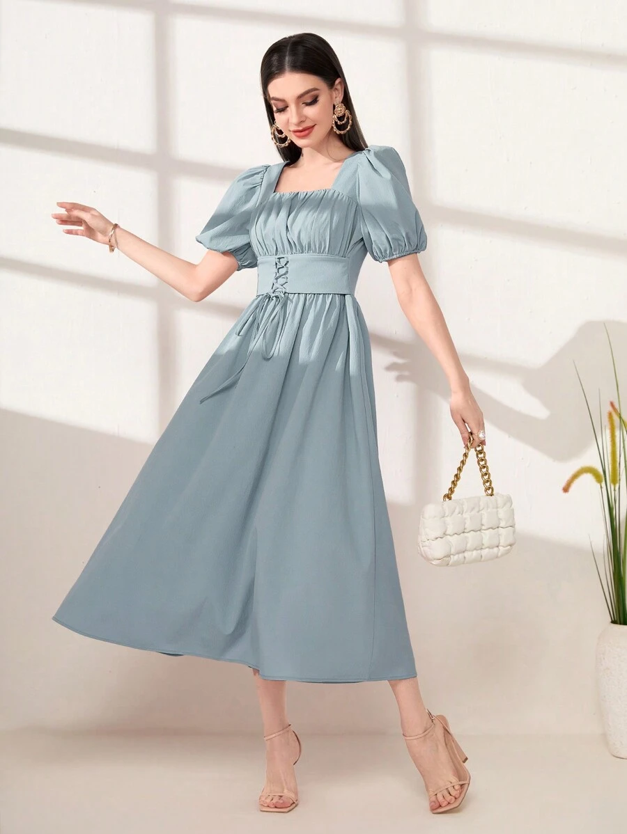 Mulvari 方領泡泡袖前繫帶洋裝 - 霧霾藍 - 查看 1