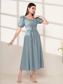 Mulvari 方領泡泡袖前繫帶洋裝 - 霧霾藍 - 查看 3