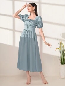 Mulvari 方領泡泡袖前繫帶洋裝 - 霧霾藍 - 查看 4