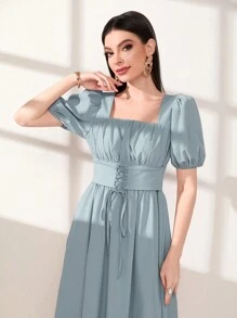 Mulvari 方領泡泡袖前繫帶洋裝 - 霧霾藍 - 查看 5