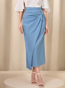 Modelyn 前扭結圍裹下擺素色半身裙 - 藍色 - 查看 1