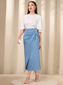 Modelyn 前扭結圍裹下擺素色半身裙 - 藍色 - 查看 3