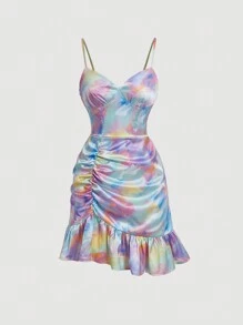SHEIN MOD Tie Dye Ruched Ruffle Hem Ruched Bustier Cami Dress - Multicolor - View 1