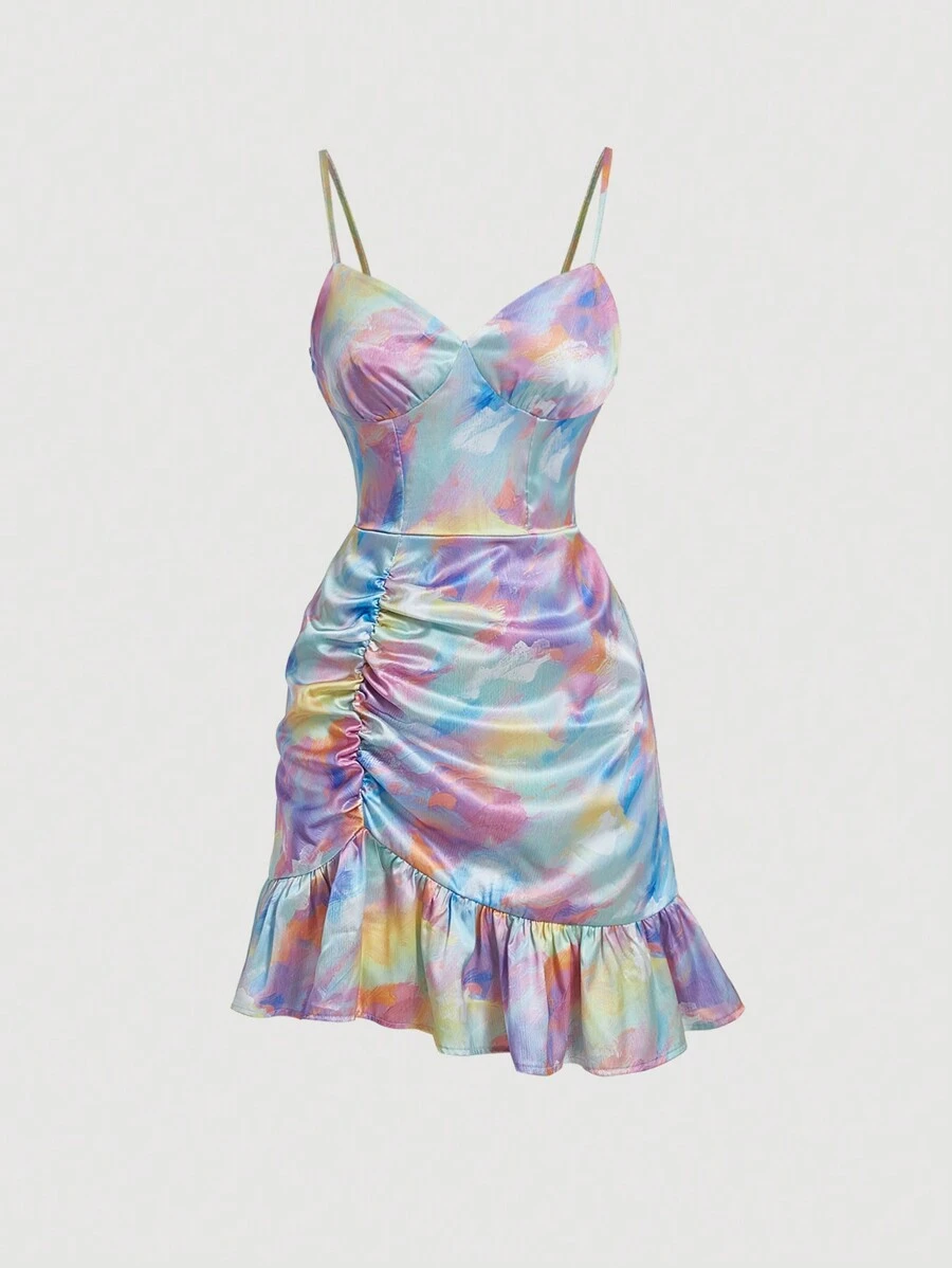 SHEIN MOD Tie Dye Ruched Ruffle Hem Ruched Bustier Cami Dress - Multicolor - View 1