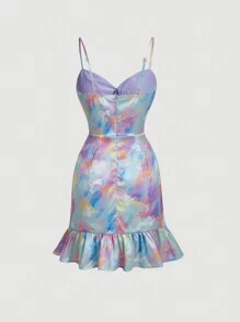 SHEIN MOD Tie Dye Ruched Ruffle Hem Ruched Bustier Cami Dress - Multicolor - View 2