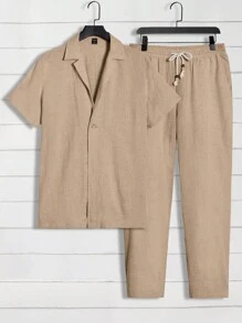 GENTILAND 男士素色西裝領襯衫和腰部抽繩長褲 - 駝色 - 查看 1