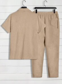 GENTILAND 男士素色西裝領襯衫和腰部抽繩長褲 - 駝色 - 查看 2