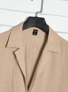 GENTILAND 男士素色西裝領襯衫和腰部抽繩長褲 - 駝色 - 查看 3