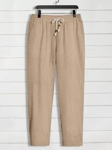 GENTILAND 男士素色西裝領襯衫和腰部抽繩長褲 - 駝色 - 查看 7