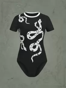 ROMWE Goth Snake Print Contrast Binding Bodysuit - Black - View 1