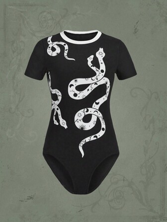 Goth Snake Print Contrast Binding Bodysuit
