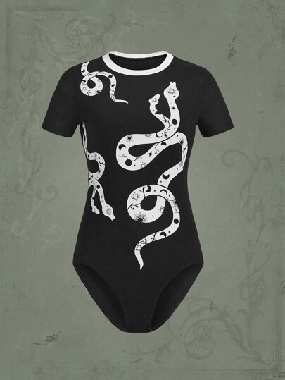Goth Snake Print Contrast Binding Bodysuit
