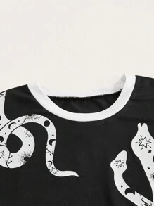 ROMWE Goth Snake Print Contrast Binding Bodysuit - Black - View 4