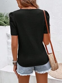 Chiquease Solid Asymmetrical Neck Puff Sleeve Blouse - Black - View 2