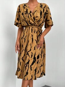 RueChic Allover Print Surplice Neck Belted Dress - Brown - View 1