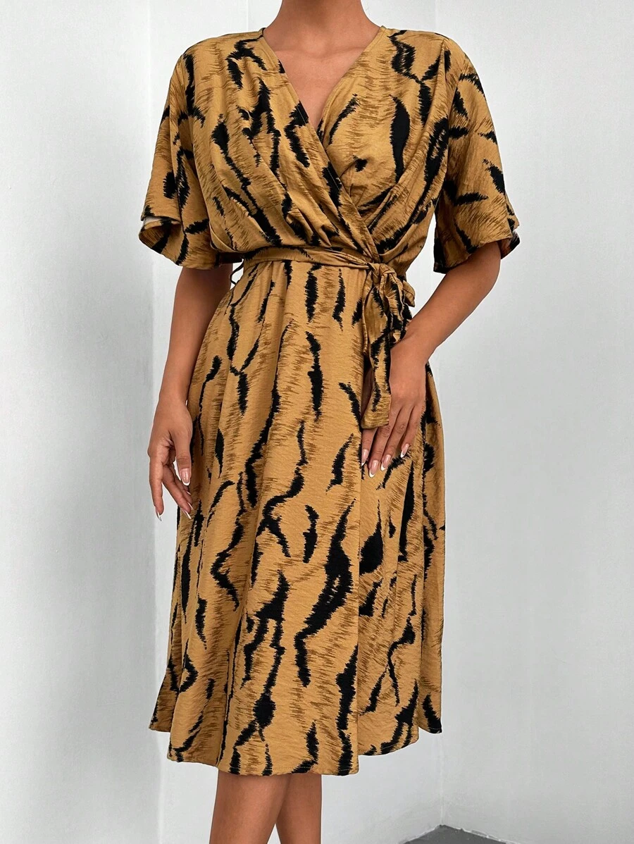 RueChic Allover Print Surplice Neck Belted Dress - Brown - View 1