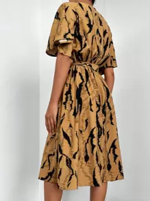 RueChic Allover Print Surplice Neck Belted Dress - Brown - View 2