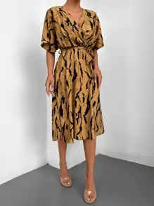 RueChic Allover Print Surplice Neck Belted Dress - Brown - View 4