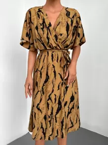 RueChic Allover Print Surplice Neck Belted Dress - Brown - View 5