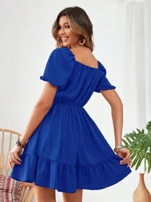 SHEIN Privé Đầm Viên lá sen Dải chun màu trơn Boho - Xanh đậm - Xem 2