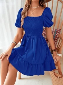 SHEIN Privé Đầm Viên lá sen Dải chun màu trơn Boho - Xanh đậm - Xem 3