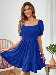 SHEIN Privé Đầm Viên lá sen Dải chun màu trơn Boho - Xanh đậm - Xem 4