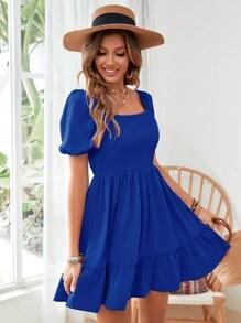 SHEIN Privé Đầm Viên lá sen Dải chun màu trơn Boho - Xanh đậm - Xem 5